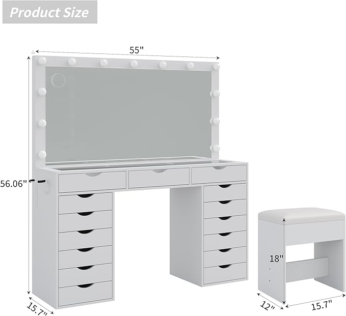 15 Drawers Vanity Desk with Power Outlet, Makeup Table with Mirror and 13 LED Lights, 3 Color Lighting Modes, Brightness Adjustable, Glass Top Dressing Table, Vanity Set for Bedroom (White)