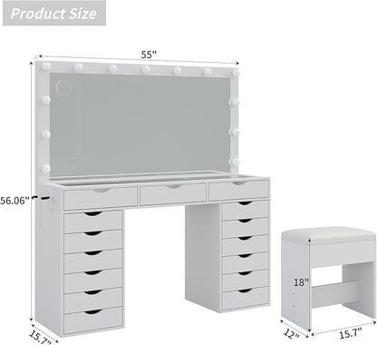 15 Drawers Vanity Desk with Power Outlet, Makeup Table with Mirror and 13 LED Lights, 3 Color Lighting Modes, Brightness Adjustable, Glass Top Dressing Table, Vanity Set for Bedroom (White)