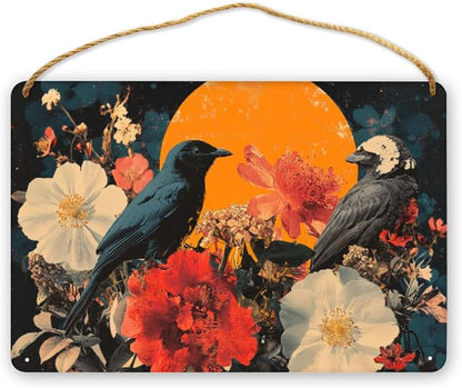Vintage Black Bird Amidst Red-White Flowers Wooden Sign 12x8 Inch - Eclectic Bedroom Decor for Retro Fans - Thoughtful Gift for Unique Interior Seekers