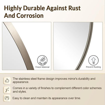 ANDY STAR Round Bathroom Mirror, 24’’ Brushed Silver Round Bathroom Mirrors in Stainless Steel Metal Frame 1" Deep Set Design