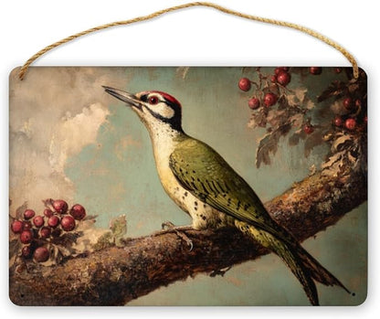 Retro Woodpecker on Berry branches Wooden Sign 12x8 Inch, Nature Art for Country-Inspired Homes, Living Room Highlight, Great Gift for Bird Collector Fans & Nature Enthusiasts