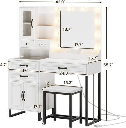 Makeup Vanity Desk with Mirror and Lights & Stool, Glass Top Vanity Table Set with Charging Station, 4 Stoarge Drawers & Double-Door Cabinet, Modern White & Black