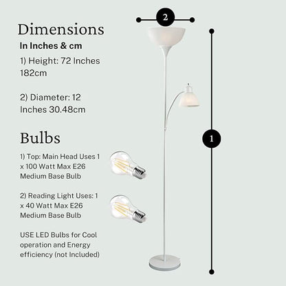 LIGHTACCENTS Floor Lamp with White Plastic Shades, Adjustable Standing Lamp, Reading Light, Head Lamp, Ideal Floor Lamps for Living Room, Measures 12x12x72 inches
