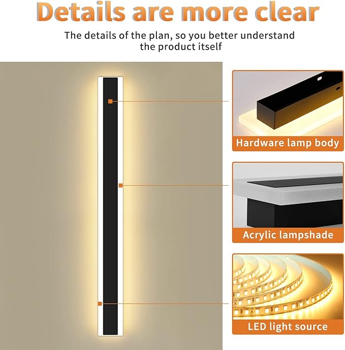 Mikeru Modern Long LED Wall Light, 3000k-6000k Dimmable Outdoor Wall Sconce 78.8inch Black Outdoor Exterior Lights with Remote Control Ip65 Waterproof Anti-Rust Linear Long Porch Lights