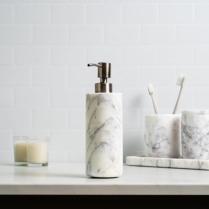 Cork & Mill Marble Soap Dispenser for Bathroom Countertop or Kitchen Sink, Real Natural White Stone with Stainless Steel Pump Top, Ideal for Lotion, Liquid Dish or Hand Soap, Modern Bath Accessories