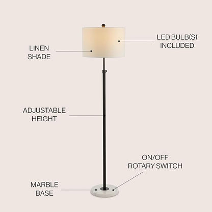 JONATHAN Y 65" Oil Rubbed Bronze and White Marble Adjustable LED Floor Lamp, Modern Glam Standing Light for Living Room Bedroom, White Linen Shade, Bulb Included (JYL3022B)