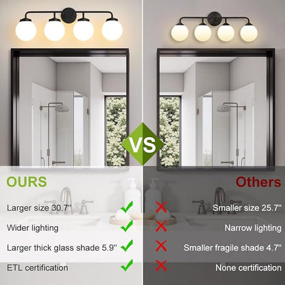 Bathroom Light Fixtures Over Mirror, 4-Light Matte Black Vanity Lighting with Milk White Glass Globe Shades Modern Wall Sconce