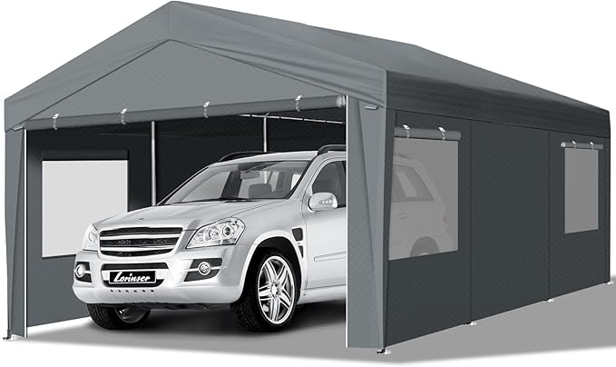 VINGLI 12x20 Carport Canopy Portable Garage with Roll-up Windows & Removable Sidewalls, Car Canopy Heavy Duty Car Tent Garage for SUV, Boats, RVs, Trucks (with Sidewalls)