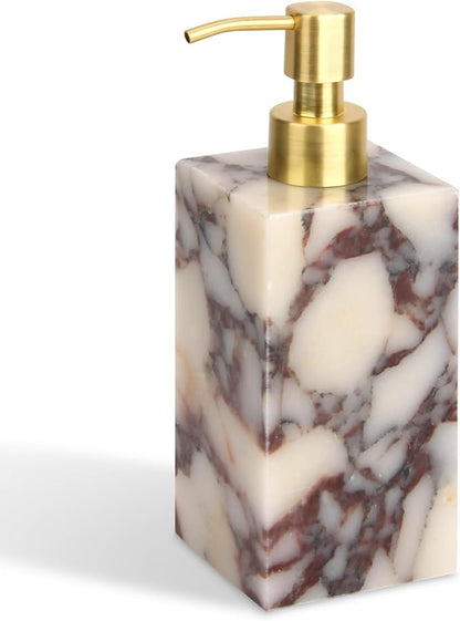 Natural Marble Soap Dispenser for Bathroom and Kitchen Countertop - 5.41 Ounces Hand Lotion and Liquid Stone Shampoo Laundry Bottle with Pump (1, Calacatta Viola, Rectangular Bottle)