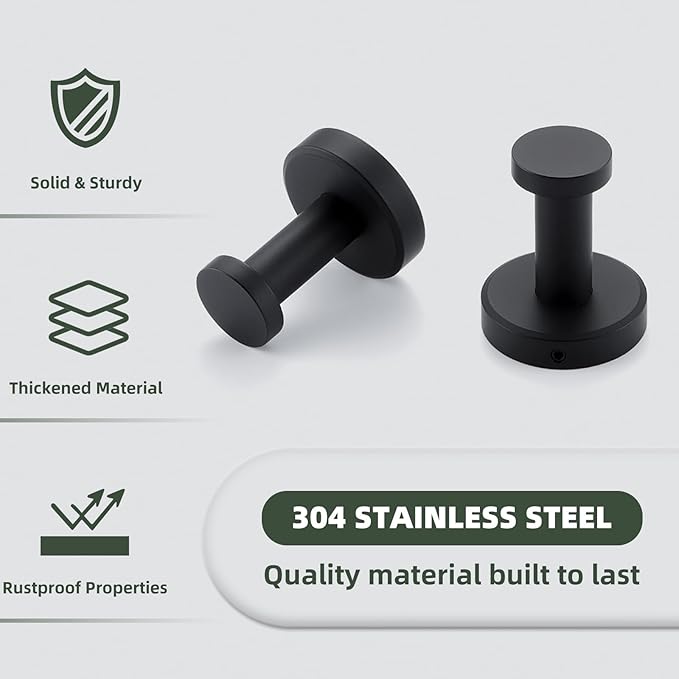 APLusee Matte Black Robe Towel Hook for Bathroom, 2 Pack Stainless Steel Coat Hooks, Heavy Duty Wall Hangers Wall Mounted