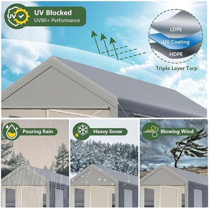 Carport, 10x20 ft Grey Heavy Duty Carport with Roll-up Windows, Portable Garage with Removable Sidewalls & Doors, Car Canopy and All-Season Tarp for Car Boat Truck Motorcycle