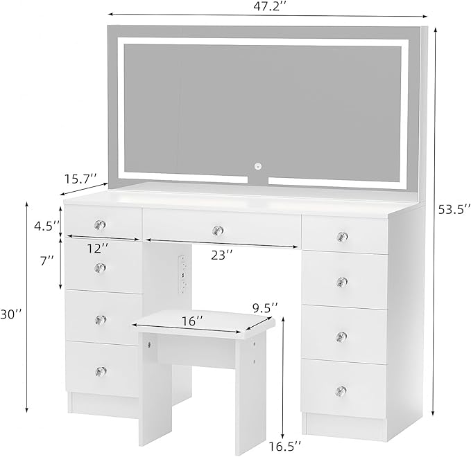 VOWNER Vanity with Lighted Mirror - 47" Makeup Vanity Desk with 9 Drawers and Power Outlet, 3 Color Lighting Modes Adjustable Brightness, Makeup Desk with Soft Cushioned Stool for Bedroom, White
