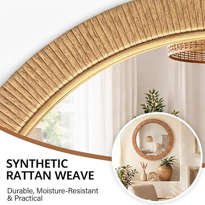 26"x26" inch Large Round Rattan Mirror for Wall, Boho Decorative Wicker Mirror Waterproof Synthetic Rattan Frame, for Bathroom, Bedroom, Living Room, Entryway