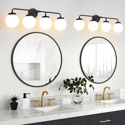 Bathroom Light Fixtures Over Mirror, 4-Light Matte Black Vanity Lighting with Milk White Glass Globe Shades Modern Wall Sconce