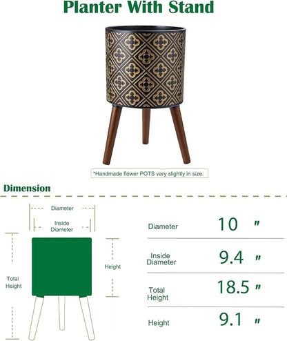 10 Inch Plant Pot with Stand, Planter for Indoor Plants, Modern Large Flower Planter Pot with Drainage Holes for Outdoor, Black ＆ Gold