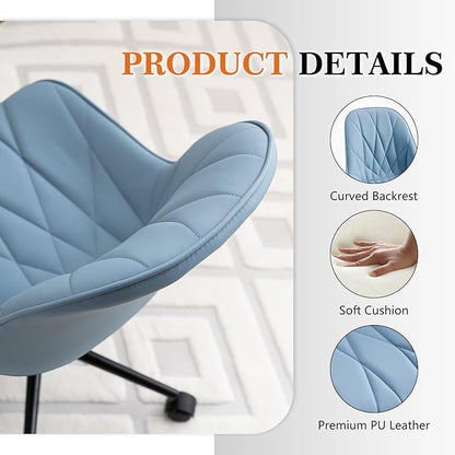 Rowill Modern Office Chair - Ergonomic Swivel Leather Desk Chair with Curved Backrest, Height Adjustable Rolling with Wheels, Perfect for Study Room & Office, Blue