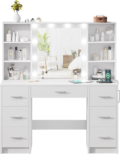 Makeup Vanity Desk with Mirror,10 Lights and Power Strip,Large Makeup Vanity with Shelves and 7 Drawers, Vanity Desk Dressing Table with 3 Color Adjustable Light,Vanity Table (White)