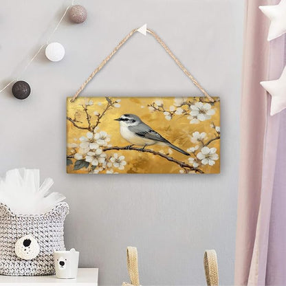 Opulent Retro Bird & Floral Wooden Wall Art, Luxe Home Decors for Vintage Admirers, 12x6 Inch Wood Sign for a Bold Bedroom Statement