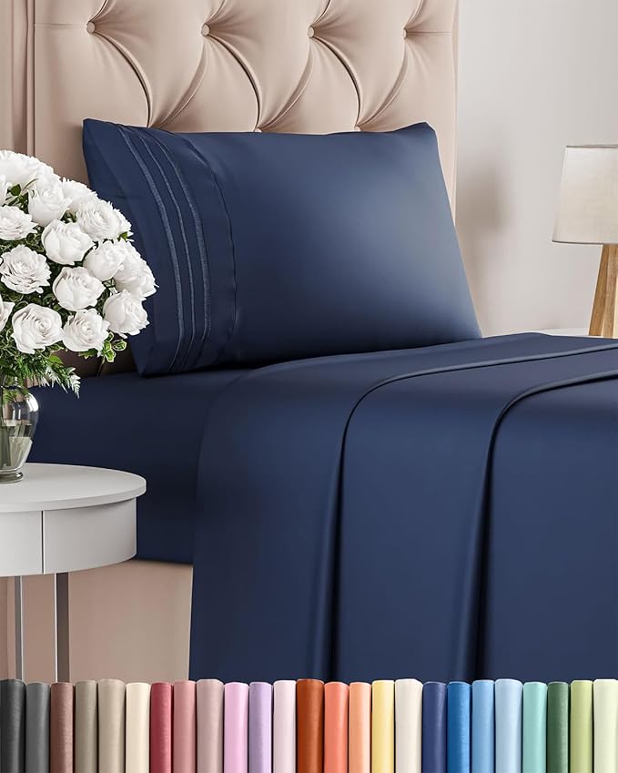 Twin XL Size 3 Piece Sheet Set - Comfy Breathable & Cooling Bed Sheets Set - Hotel Luxury Bedding for Women, Men, Kids, Teens, Boys & Girls - Deep Pockets, Soft, Wrinkle Free - Oeko-Tex - Navy Blue