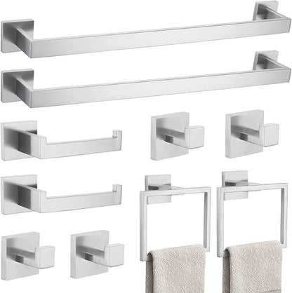 10-Piece Bathroom Hardware Accessories Set-Brushed Nickel Towel Bar, Holder & Racks-SUS304 Stainless Steel-Wall Mounted,23.6-Inch