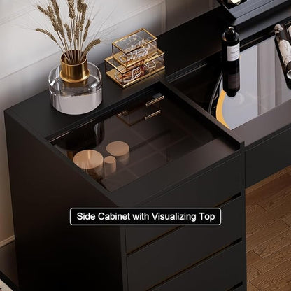 homary Vanity Desk with LED Mirror, Makeup Vanity with Power Outlet and Tempered Glass Top, Makeup Table with 6 Drawers, 3 Lighting Modes Vanity Table with Chair for Bedroom