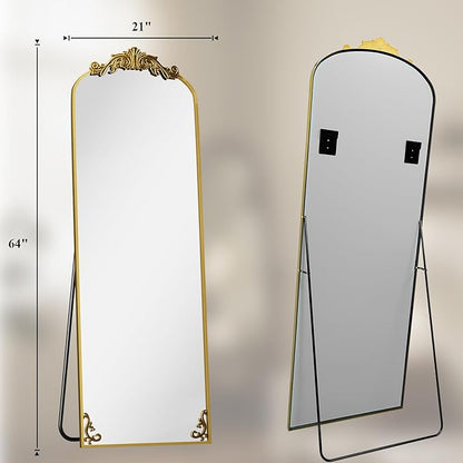 HARRITPURE Vintage Floor Mirror - 64"x 21" Large Baroque Carved Arched Full Length Mirrors with Metal Frame for Bedroom/Living Room/Entryway Retro Home Decor,Gold