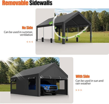 JAMFLY Carport, 10x20 ft Heavy Duty Carport with Roll-up Windows, Portable Garage with Removable Sidewalls & Doors, Car Canopy with Sandbags and All-Season Tarp for Car Boat Truck Motorcycle, Grey