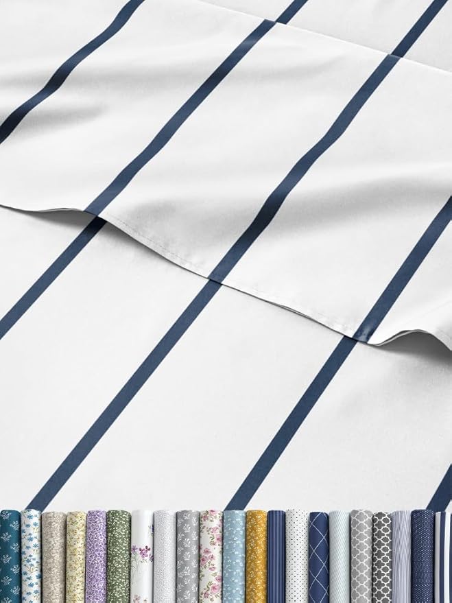Striped Sheets - Navy Blue & White Striped Sheets - 1 Flat & 1 Fitted & 1 Pillowcase w/ Deep Pockets – Wrinkle & Fade Free - Soft, Breathable & Cooling – Luxury Pinstripe Bedding - Twin Size Bed Set