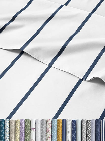 Striped Sheets - Navy Blue & White Striped Sheets - 1 Flat & 1 Fitted & 1 Pillowcase w/ Deep Pockets – Wrinkle & Fade Free - Soft, Breathable & Cooling – Luxury Pinstripe Bedding - Twin Size Bed Set