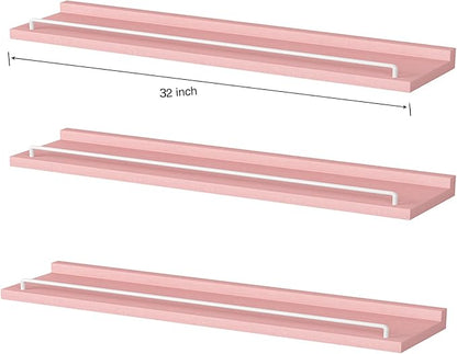 RYOFOBETTO 32 inches Long Floating Shelves, Bathroom Decor Shelves Over Toilet, Farmhouse Wall Shelves for Living Room, Bedroom, Picture Frames, Plants, Kitchen, Set of 3 (Pink and White)