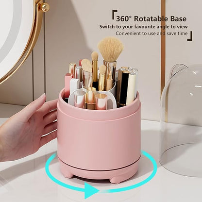 Cute Makeup Brush Holder Organizer with Lid, Rotating Dustproof Make Up Brushes Container with Clear Acrylic Cover for Vanity Desktop Bathroom Countertop