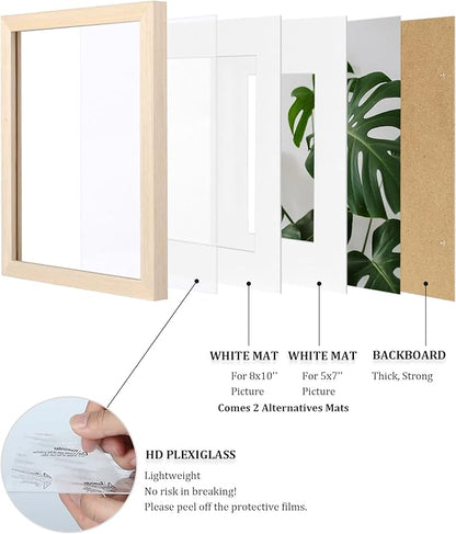 Egofine 11x14 Picture Frame Made of Solid Wood with Plexiglass, Display Pictures 5x7/8x10 with Mat or 11x14 Without Mat for Tabletop and Wall Mounting, Oak Wood