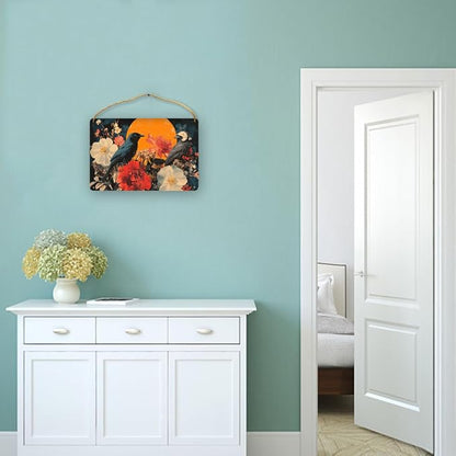 Vintage Black Bird Amidst Red-White Flowers Wooden Sign 12x8 Inch - Eclectic Bedroom Decor for Retro Fans - Thoughtful Gift for Unique Interior Seekers