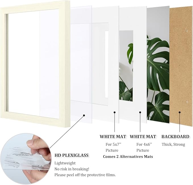 Egofine 8x10 Picture Frame Made of Solid Wood with Plexiglass, Display Pictures 4x6/5x7 with Mat or 8x10 Without Mat for Tabletop and Wall Mounting, Beige