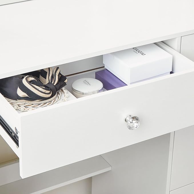 JBLCC Vanity Desk with Mirror and Lights, 39.4''W White Makeup Vanity with 3-Color Lighted Mirror, 7 Drawers & Open Shelves, Big Vanity Table for Bedroom, Girls & Women