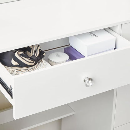 JBLCC Vanity Desk with Mirror and Lights, 39.4''W White Makeup Vanity with 3-Color Lighted Mirror, 7 Drawers & Open Shelves, Big Vanity Table for Bedroom, Girls & Women