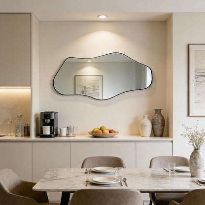 Irregular Wall Mirror, 47"x25" Asymmetrical Aesthetic Mirror with Black Metal Frame, Organic Mirrors for Entryway Hallway Living Room Bathroom Bedroom, Horizontal or Vertical Hanging