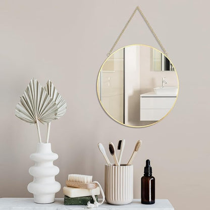 LONGWIN Hanging Wall Circle Mirror Decor Gold Geometric Mirror with Chain for Bathroom Bedroom Living Room 9.8"