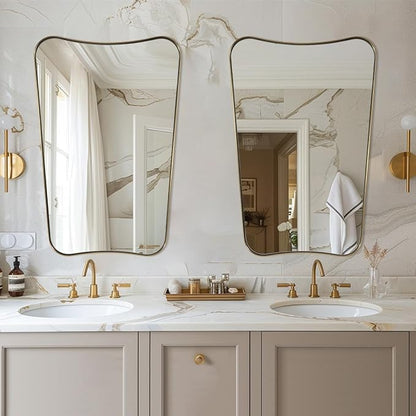 MIRRORART 24x36 Brushed Gold Mirror, Irregular Brass Mirror Asymmetrical Butterfly-Shaped in 1’’ Anti-Rust Seamless SUS304 Metal Frame for Bathroom, Entryway, Home Decor Wall Mount Vertical
