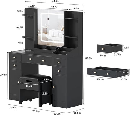 Vabches Vanity Desk with Lights, Makeup Vanity Table with Charging Station, 44.9in Big Vanity Set with 5 Drawers & Lots Storage Space, Black