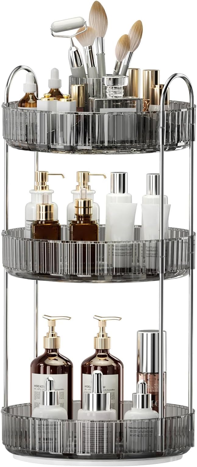 360° Rotating Makeup Organizer, Upgraded 3 Tier Skincare Perfume Organizers for Women, Bathroom Organizer Countertop, Clear Cosmetic Dresser Organizer with Makeup Brush Holder, Sink&Counter(Grey)