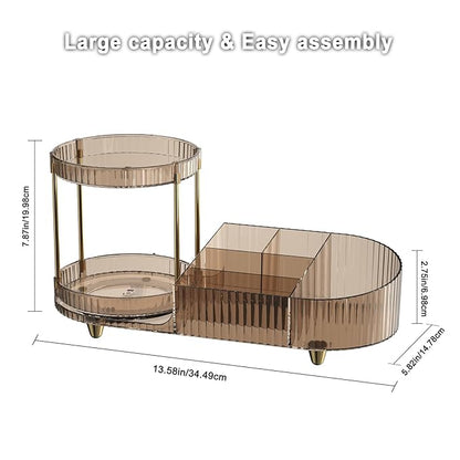 Rotating Makeup Organizer Countertop with Compartment for Vanity, Plastic Vanity Makeup Storage Organizer, 2-in-1 Desk Makeup Holders and Organizers with Perfume Tray for Cosmetics Bathroom