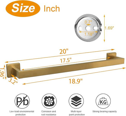 TocTen Bath Towel Rack - Square Base Thicken SUS304 Stainless Steel Towel Bar for Bathroom, Bathroom Accessories Towel Rod Heavy Duty Wall Mounted Towel Holder. (Brushed Gold, 20)