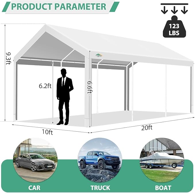 COBIZI Carport 10x20ft Heavy Duty Portable Garage, 2.0 Powder Coated Frame(Better Than Galvanized), Waterproof Shelter with Built-in Sandbags, for Car/Boat/SUV, White