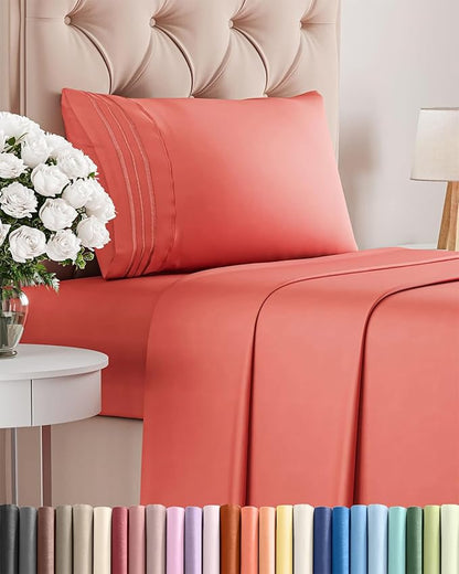 Twin Size 3 Piece Sheet Set - Comfy Breathable & Cooling Bed Sheets Set - Hotel Luxury Bedding for Women, Men, Kids, Teens, Boys & Girls - Deep Pockets, Ultra-Soft and Wrinkle Free - Oeko-Tex - Coral