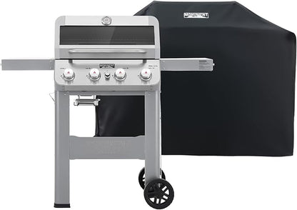 Monument Grills 4-Burner Liquid Propane Gas Grill, Silver Stainless Steel Grill Patio Garden Barbecue Grill with Clearview® Lid and One Foldable Shelf, Mesa400MF with BBQ Cover
