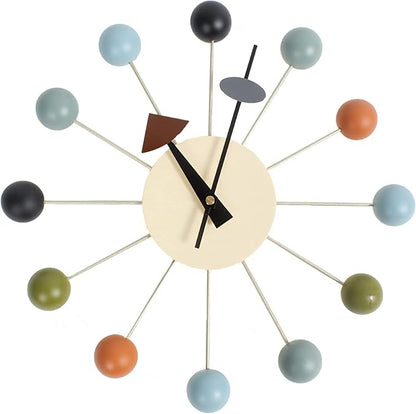 SHISEDECO Ball Clock in Multicolor, Painted Solid Wood Non Ticking Decorative Mid Century Modern Silent Wall Clocks Retro Design for Home, Kitchen, Living Room, Office etc.