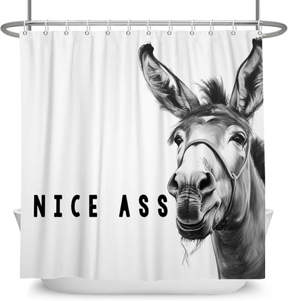 Funny Donkey Shower Curtains Joke Hilarious Animal Bathroom Curtain Rustic Farmhouse Cute Donkey White Shower Curtain Sets for Bathroom Extra Long 72x108 in with 12 Hooks