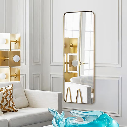 ANDY STAR 18" x 48" Full Length Wall Mirror, Large Brushed Gold Mirror for Bathroom, Rounded Corner Rectangle Body Mirror for Floor and Leaning