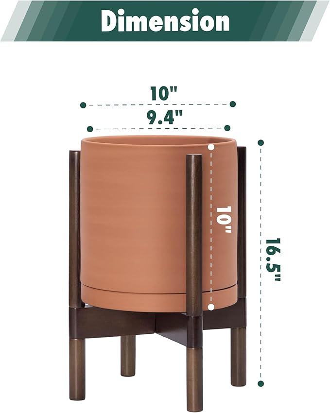 D'vine Dev Terracotta Planter with Walnut Color Stand - 10 Inch Modern Round Flower Pot with Wood Planter Holder, Terracotta, 55-B-X-5